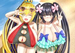 2girls beach big_breasts bimbo black_hair blonde_hair breasts cleavage female gigantic_breasts huge_breasts large_breasts looking_at_viewer massive_breasts outdoors outside public short_stack shortstack sideboob swimsuit