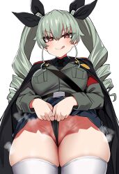 anchovy anchovy_(girls_und_panzer) girls_und_panzer green_hair heart-shaped_pupils military_uniform panties panty_pull skirt_lift steam steaming_body tongue_out white_legwear