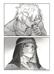 2boys aged_down bandages blood gay gintama gintoki_sakata helmet injury japanese_clothes licking licking_hand male male_only monochrome official_alternate_costume sakamoto_tatsuma samurai scar sweat thisiszeer uncommon_stimulation yaoi