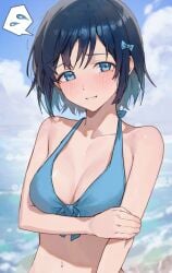 arm_at_side arms bare_arms bare_midriff bare_shoulders bare_skin bikini bikini_top blue_bikini blue_bikini_top blue_bow blue_eyes blue_eyes_female blue_hair blue_hair_female blue_sky blush blush blush_lines bow breasts breasts chest cleavage cloud clouds cloudy_sky collarbone colored_inner_hair day dot_nose embarrassed female flying_sweatdrops grin hairbow halterneck hand_on_arm hand_on_own_arm hands head_tilt light-skinned_female light_skin long_bangs looking_at_viewer medium_breasts midriff mole mole_under_eye multicolored_hair naked navel neck nude original outdoors parted_lips raised_eyebrows short_hair shoulders sidelocks sky slender_body slender_waist slim_girl slim_waist smile smiling solo sooon spoken_flying_sweatdrops stomach swimsuit teeth thin_waist tilted_head upper_body upper_teeth waist