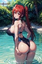 ai_generated bare_legs big_breasts curvaceous curvy_female hair_ornament huge_ass large_breasts light-skinned_female mako_(artist) naruse_mio one-piece_swimsuit red_eyes red_hair shinmai_maou_no_testament swimsuit twintails