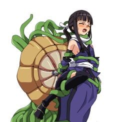 2011 black_hair blush closed_eyes legend_of_the_unemployed_ninja legs_up long_hair open_mouth ponytail shino_sis tentacle tentacle_around_neck tentacle_monster