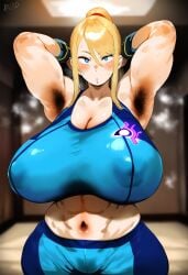 1girl 1girls ai_generated armpit armpit_fetish armpit_hair armpits arms_behind_head arms_up bangs big_breasts blonde_hair blue_eyes breasts dontlao3 female female_focus female_only gigantic_breasts gloopai huge_breasts looking_at_viewer metroid nai_diffusion navel nipple nipple_bulge nipple_outline nipples nipples_visible_through_clothing ponytail samus_aran smell smelly smelly_armpits sports_bra sportswear steam steaming_body steamy sweat sweat_stain sweatdrop sweating wide_hips yoga_pants