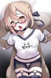 1boy 1boy1girl 1girls arm_grab artoria_pendragon belly_button blonde_hair blush breasts bun censored choker clothed fate/grand_order fate_(series) female_focus hairbun mysterious_heroine_x_(alter) navel nipple_bulge okuri_banto open_mouth penetration penis penis_in_pussy pussy sex shorts sweat thighhighs thighs tongue tongue_out vaginal_penetration vaginal_penetration yellow_eyes