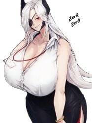 1girls big_breasts breasts cleavage female huge_breasts last_origin lemonade_gamma long_hair looking_at_viewer massive_breasts red_eyes secretary solo solo_female white_hair zer0artzer0