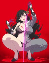 1girls black_bra black_hair black_panties blood blood_on_chest blood_on_floor blood_splatter breasts crazy_eyes crazy_smile female female_focus female_only gauntlets grey_suit high_card high_heels holding holding_object holding_sword holding_weapon katana large_breasts lingerie lipstick long_hair looking_at_viewer makeup mature_female necktie nipples purple_eyes purple_gloves red_background see-through see-through_bra see-through_clothing see-through_panties solo solo_female solo_focus squatting suit sword visible_nipples warabi_yuuzou wendy_sato