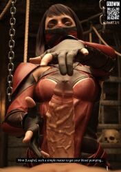 armor black_hair caption clothed dressed female flaccid flaccid_penis gloves godwin leather_clothing looking_at_viewer mask mortal_kombat mortal_kombat_11 neroxliv pale_skin partial_male penis poking pov pov_eye_contact red_eyes red_hair skarlet subtitled subtitles