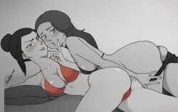 2girls :o animanghayodraw artist_signature ass ass_out avatar_legends avatar_the_last_airbender azula bed big_breasts bikini blue_eyes breast_press breasts cameltoe caressing_face cheek_to_cheek chocolate_and_vanilla cleavage dark-skinned_female enemies female female_only fire_nation greyscale hair_down hair_loopies hero_on_villain imminent_kiss imminent_sex interracial katara light-skinned_female lipstick long_hair looking_at_viewer lying lying_on_bed lying_on_person lying_on_side monochrome partially_colored pillow pose posing princess pussy_peek sidelocks smile teenager thin_waist topknot undressing water_tribe yellow_eyes yuri