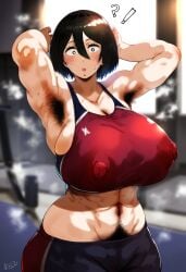 1girls ? ?! abs ai_generated armpit armpit_fetish armpit_hair armpits arms_behind_head arms_up asian asian_female attack_on_titan big_breasts black_hair bob_cut breasts color colored dark_hair dontlao3 excessive_pubic_hair female female_focus female_only gigantic_breasts gloopai happy_trail huge_breasts looking_at_viewer mikasa_ackerman nai_diffusion nipple_bulge nipples nipples_visible_through_clothing pubic_hair pubic_hair_peek question_mark shingeki_no_kyojin short_hair smell smelly smelly_armpits solo solo_female solo_focus sports_bra sportswear steam steaming_body steamy thick thick_thighs wide_hips