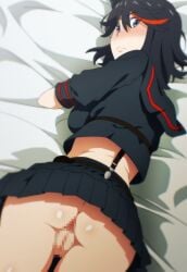 :< anus ass ass_focus bed black_hair blue_eyes blush censored commentary english_commentary female from_behind highres jamesmikopi kill_la_kill looking_at_viewer lying matoi_ryuuko midriff mosaic_censoring multicolored_hair no_panties on_bed on_stomach pussy red_hair short_hair solo streaked_hair suspenders two-tone_hair