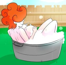 1girls 2016 bathing big_breasts blush breasts bubbles cartoon_network curly_hair davidsanchan earrings ed_edd_n_eddy female female_only hair_over_eyes kanker_sisters lee_kanker nipples nude orange_hair outside public public_nudity smile solo tub wet