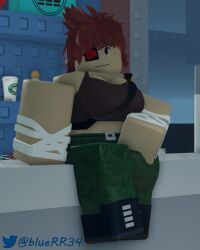 1girls 3d ammo_box bandage bandaged_arm belt belt_buckle big_breasts bluerr34 boots brown_tank_top camouflage_pants coffee_cup duffel_bag dynamite eye_patch hair_covering_face jane_doe_(mutation) mutation_(roblox) potion potion_bottle red_hair roblox roblox_game robloxian rose_(flower) sitting_on_table smiling spiky_hair thick_thighs white_skin window