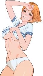 1girls belly brown_eyes female female_only large_breasts looking_at_viewer nami one_piece orange_hair panties pre-timeskip shirt_lift short_hair underboob uukkaa voluptuous white_background white_panties