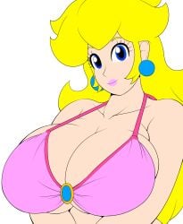 1girls bikini bikini_top blonde_hair blue_eyes breasts bursting_breasts busty cleavage earrings female female_only huge_breasts human jewelry large_breasts lipstick long_hair looking_at_viewer mario_(series) milf nintendo nintyalex princess_peach recolor smile solo speeds v_arms voluptuous