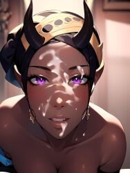 after_sex ai_generated cheating cheating_wife cum cum_on_face dark-skinned_female demon demon_girl earrings facial headwear horns looking_at_viewer milf purple_eyes solo solo_female