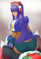 1boy 1boy1girl 1girls assertive_female big_ass big_breasts busty fat_ass girl_on_top imminent_sex large_breasts layer mega_man mega_man_x naughty_face seductive seductive_smile sitting_on_lap smile taikikun teasing tk underboob zero_(mega_man)