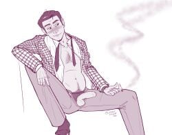 1boy 2022 balls belly benny benny_gecko blush cigarette digital_drawing_(artwork) fallout fallout_new_vegas foreskin glans hairy_chest half-erect human human_only littlestfuzz male male_only masculine navel open_fly open_shirt penis poking_out pubes smile smoking solo uncut watch