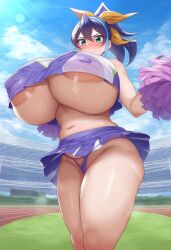 ai_generated cheerleader cheerleader_outfit cheerleader_uniform eroeroai exaggerated_anatomy flashing_panties gigantic_breasts green_eyes hair_ornament large_ass large_breasts massive_breasts miniskirt nipples_visible_through_clothing no_bra ponytail purple_panties ribbon serena_(yu-gi-oh!_arc-v) skirt_lift skirt_up thick_thighs two_tone_hair yu-gi-oh! yu-gi-oh!_arc-v