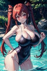 ai_generated bare_legs big_breasts big_thighs curvaceous curvy_female hair_ornament large_breasts light-skinned_female mako_(artist) naruse_mio one-piece_swimsuit red_eyes red_hair shinmai_maou_no_testament swimsuit thick_thighs twintails