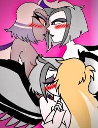 angel blonde_hair blush breasts charlie_morningstar_(hazbin_hotel) closed_eyes demon enemies_to_lovers female female/female female_only grey_skin hair halo hazbin_hotel horns kissing lute_(hazbin_hotel) nude saliva sweat teeth tongue trio vaggie_(hazbin_hotel) vivienne_medrano white_hair wings yellow_eyes yuri yuri