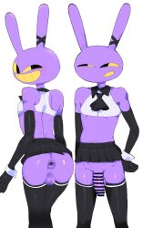 anthro_only anus ass bar_censor blush censor_bar censored crop_top femboy girly handwear jax_(the_amazing_digital_circus) male_only purple_body purple_skin rabbit_ears rabbit_humanoid rengenosenaka short_skirt slim_male smiley_face stockings sweatdrop the_amazing_digital_circus