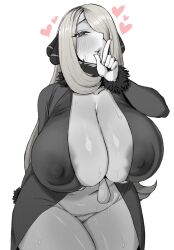 1girls alternate_body_type alternate_breast_size big_breasts black_and_white blush breasts coat condom cynthia_(pokemon) efto_(pixiv) female female_only finger_to_mouth fur_collar game_freak hair hair_over_one_eye heart hearts_around_head huge_breasts lips long_hair mature mature_female mature_woman monochrome nipple_bulge nipples_visible_through_clothing pokemon pokemon_dppt solo solo_female sweat sweatdrop sweaty sweaty_body thick_lips thick_thighs thighs