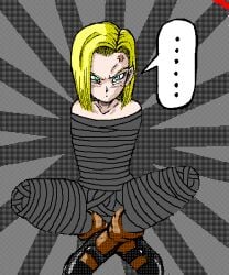 android_18 angry angry_face blonde_hair blue_eyes captured collarbone dithering dragon_ball dragon_ball_z female looking_at_viewer restrained sitting sitting_down tape tape_bondage tied_up