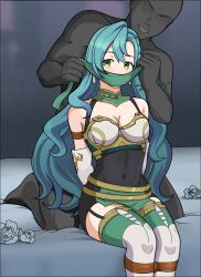 1boy 1girls aqua_hair arms_behind_back bare_thighs bed blue_hair bodystocking bondage boots bound bound_arms bound_legs braid breasts captured chloe_(fire_emblem) cleavage cloth_gag collarbone covered_navel elbow_gloves female female_focus femsub fire_emblem fire_emblem_engage flower gag garter_straps gloves green_eyes improvised_gag just_some_guy long_hair male maledom medium_breasts nintendo on_bed pelvic_curtain restrained rope rose sitting solo_focus thigh_boots thighs very_long_hair