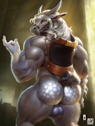 anthro anthrofied ass backsack balls big_muscles bridle bubble_butt elden_ring equid equine fromsoftware fur genitals grey_body grey_fur hair hi_res horn horse looking_at_viewer looking_back looking_back_at_viewer male male_only mammal muscular muscular_anthro muscular_male nexus rear_view saddle solo standing tail torrent_(elden_ring) white_hair