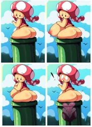 1girls 1other ass big_ass big_belly big_breasts black_eyes blush blushing breasts chubby_female collage exclamation_point female female_focus lewdloaf licking looking_at_viewer looking_down mario_(series) mob_face mushroom_girl mushroom_humanoid nintendo nipples outdoors pigtail pipes piranha_plant simple_eyes sitting super_mario_bros. surprised toadette tongue warp_pipe