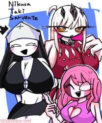 3girls big_breasts bikini_top black_topwear female female_only fnf_entity friday_night_fever friday_night_funkin friday_night_funkin_mod huge_breasts large_breasts long_hair mid-fight_masses newgrounds nikusa_(sugarratio) nun nun's_habit pink_hair sarvente_(dokki.doodlez) taki_(fevertown) thick_thighs