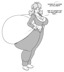 1girls ass ass_bigger_than_head ass_bigger_than_torso big_breasts breasts bursting_butt clothing dialogue elek-tronikz english_text enormous_ass female female_only full_body greyscale hyper hyper_ass long_hair looking_back mario_(series) monochrome nintendo princess_daisy simple_background solo standing tagme talking text thick_thighs white_background