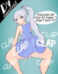 ass ass_clapping ass_focus ass_waves clapping_cheeks dialogue dweezyvox english_text rwby sundress twerking weiss_schnee white_hair