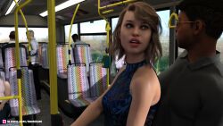 2020 3d blonde_hair blue_dress bus bus_interior clothed clothing dark-skinned_male dress female female_focus lipstick public public_sex red_lipstick romirom slushe_(website) solo_focus straight vehicle_interior