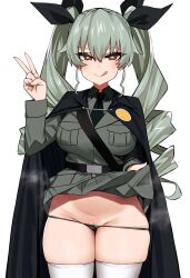 ai_generated anchovy blush girls_und_panzer green_hair heart-shaped_pupils military_uniform novelai panties peace_sign skirt_lift tongue_out