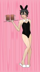 adorable bare_legs black_eyes black_hair blush bunny_ears bunnysuit coffee cosplay cute digital_media_(artwork) happy human male male_only nichenyann otoko_no_ko pretty_boy self_upload senpai serving_tray slippers smile solo_male standing taro_yamada tray yandere_simulator