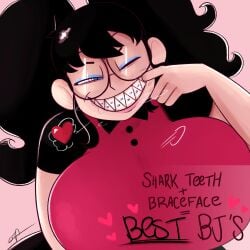 big_breasts black_hair braces clothed glasses heart huge_breasts long_hair makeup one_eye_closed ota_(artist) pizza_thot pointy_teeth ponytail stretched_mouth tagme tips_(gats)