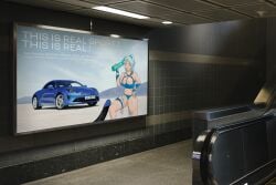 advertisement alpine alpine_a110 automobile big_breasts big_butt big_dildo bikini bikini_top blue_clothing blue_eyes blue_hair car cars dildo english english_text escalator long_hair metro sweatdrop sweating sweaty sweaty_body sweaty_breasts text underground