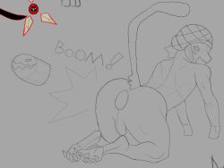 ammunition amygdahlia_(artist) anthro anus armor balls drawpile gaping genitals hand_feet headgear headgear_only helmet helmet_only kneeling looking_back male sergal shell_(projectile) solo