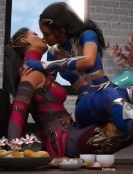 2girls 3d almost_kissing bisexual_(female) black_hair closed_eyes edenian female female_only fingerless_gloves food hand_on_shoulder imminent_kiss implied_kiss incest kissing kitana kiteena long_hair mileena mortal_kombat mortal_kombat_1_(2023) open_mouth princess rayalterego23 royalty sisters sitting_on_lap straddling twincest twins yuri