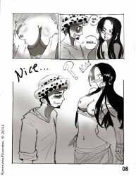 1boy 1girls 2011 boa_hancock breasts comic english_text female female_focus goatee looking_at_breasts male monochrome nipples one_piece page_8 page_number pervert roronoaxphantom short_hair straight trafalgar_law