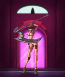 hazbin_hotel large_breasts nonoise666 original_character scarecrow scythe smiling weapon