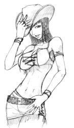 1girls alabasta armband artist_request belt big_breasts bracelet breasts cleavage cowboy_hat female female_focus female_only fit_female greyscale hand_on_headwear hat jewelry lace_up_front lacing large_breasts midriff miniskirt miss_all_sunday monochrome nico_robin one_piece pencil_skirt pre-timeskip ring sketch skirt slim_waist solo source_request white_background wide_hips