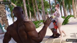 1girls 2boys 3d auburn_hair beach bikini black_male blizzard_entertainment brigitte dark-skinned_male day daytime eskandart female light-skinned_female light_skin male overwatch overwatch_2 swedish tattooed_female torbjörn