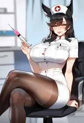 1girls ai_generated atago_(azur_lane) azur_lane clothing female female_only floox large_breasts light-skinned_female looking_at_viewer medical_instrument medium_breasts needle nurse nurse_hat nurse_uniform sakura_empire_(azur_lane) sitting smiling solo solo_female stockings thiccwithaq_(ai_style) thick_thighs