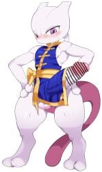 2_toes 3_fingers big_penis blue_clothing blush censored censored_penis chinese_clothes clothing furry hard_nipples martial_arts_style_mewtwo non-human pokemon pokemon_(species) pokemon_unite purple_eyes rengenosenaka sweat tail thick_thighs white_body wide_hips