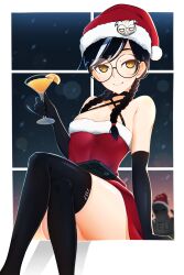 1female 1girl 1girls asian asian_female black_hair braid choker christmas christmas_outfit dokkaebi_(rainbow_six) female glasses gloves grace_nam orange_eyes orange_juice rainbow_six rainbow_six_siege red_clothing red_outfit sitting smile snowy_background tagme thighhighs twin_braids ubisoft vigil_(rainbow_six) yellow_eyes