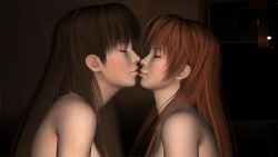 2girls 3d 3d_(artwork) amber_eyes asian_female brown_hair chinese_female closed_eyes dark_background dead_or_alive dead_or_alive_5 dead_or_alive_5_last_round dead_or_alive_6 dead_or_alive_xtreme_beach_volleyball japanese_female kasumi_(doa) kissing lei_fang lesbian_couple lesbian_kiss light-skinned_female long_hair nude nude_female tagme thesuperwarrior(artist) yuri