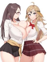 2girls absurdres alternate_breast_size alternate_costume asymmetrical_docking blonde_hair breast_press breasts breasts_bigger_than_head brown_eyes brown_hair chym39 commission earrings female female_only fire_emblem fire_emblem_fates grey_eyes hair_over_one_eye highres huge_breasts jewelry kagero_(fire_emblem) large_breasts long_hair multiple_girls nintendo ophelia_(fire_emblem) plaid plaid_skirt skirt