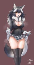 1girls animal_ear_fluff animal_ears black_hair blush_lines breasts cleavage female flashing_panties grey_wolf_(kemono_friends) heterochromia kemono_friends lifting_skirt multicolored_hair panties plaid self_lift skirt skirt_lift solo steaming_body sweat sweaty thighhighs tie tie_in_mouth white_panties wolf_ears wolf_girl wolf_tail